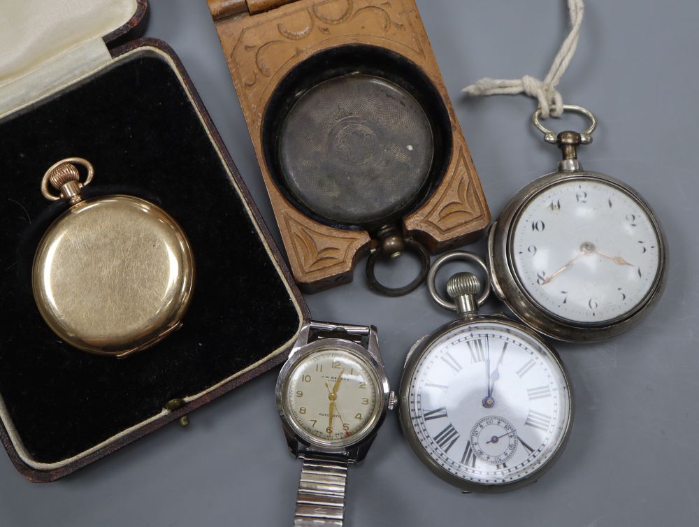 An 18th century silver pocket watch, chrome plated pocket watch, Benson wristwatch, continental silver pocket watch, in wood case (5)